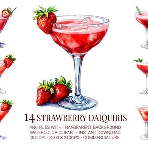 Clipart daiquiris aux fraises, 14 cocktails surgelés aquarelles avec des fraises et de la glace PNG pour des travaux manuels d'été, des menus et des étiquettes de boissons