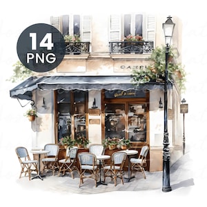 French Cafés and Bistro Scenes, 14 Watercolor PNGs for Junk Journal, Digital Download, Paper Craft, Printable Art, High Quality Clipart