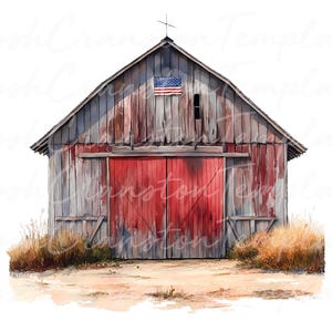 Patriotic Barn Watercolor Clipart, Rustic Americana PNG JPG (Digital Download) image 3