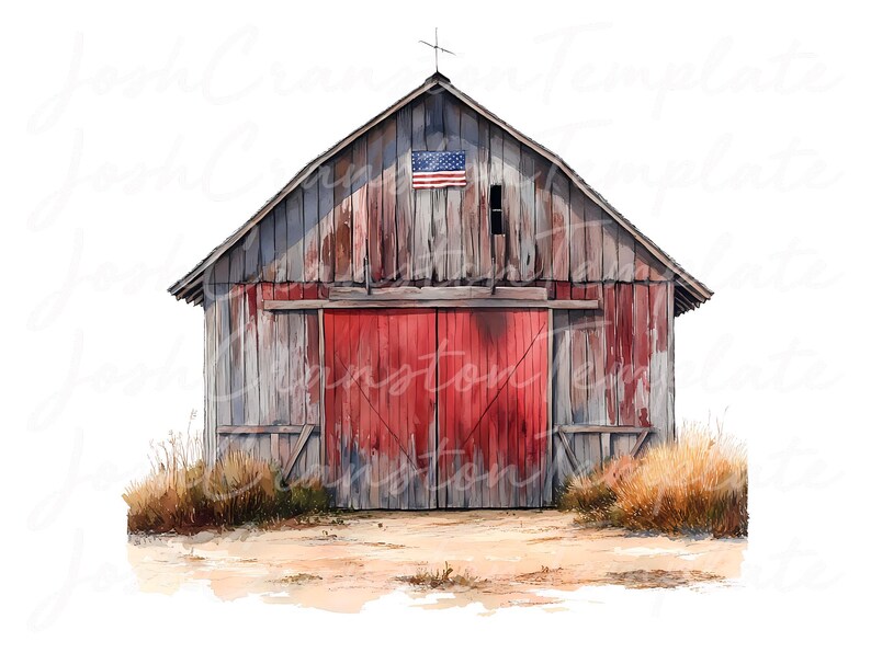 Patriotic Barn Watercolor Clipart, Rustic Americana PNG JPG (Digital Download) image 3