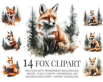 Conjunto de imágenes prediseñadas de zorros: 14 imágenes PNG de zorros de acuarela del bosque con fondo transparente. Imágenes prediseñadas de animales del bosque para manualidades y decoración de la naturaleza.