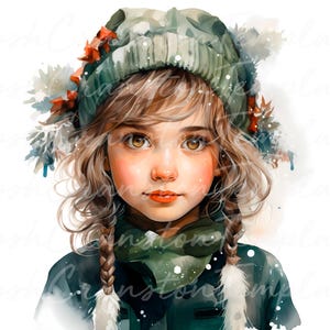 22 ragazze elfo di Natale, stampa d'arte digitale del paese delle meraviglie invernale, illustrazione di ragazza con cappello verde, download di sfondo innevato, grazioso ritratto invernale