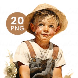 Vintage Farm Boy Watercolor PNGs - 20 High Quality Clipart for Junk Journal, Digital Download, Paper Craft, Printable Country Boys