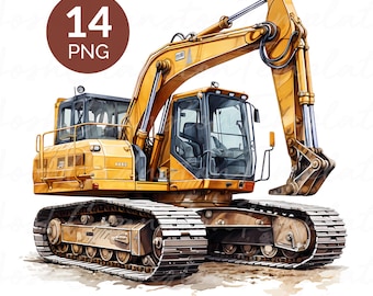 Watercolor Excavator Construction Vehicle Clipart Set