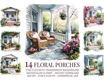 Clipart de porche de primavera en acuarela: Decoración de exteriores de cabaña (Descarga digital)