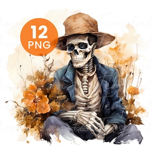 Skeletons with Flowers, 12 Watercolor PNGs for Junk Journal, Digital Download, Paper Craft, Printable Art & High Quality Clipart