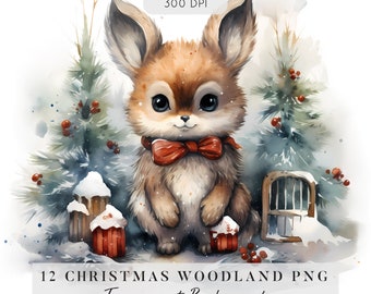 12 Christmas Woodland Clipart, Watercolor Woodland with Transparent Background PNG, Christmas Animals, Digital Download, Commercial Use