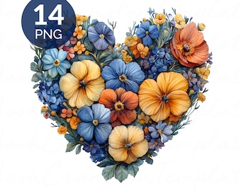 Floral Heart Watercolor Clipart PNG Set