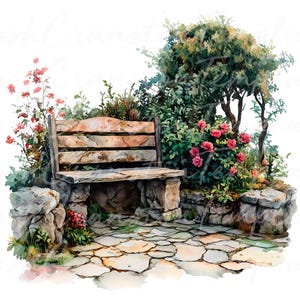 12 set di clipart digitali per giardini primaverili, illustrazione di panchine floreali dipinte a mano, grafica di album di ritagli di giardini ad acquerello, clipart primaverili