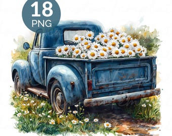 Vintage Blue Truck Daisies Watercolor PNG Set