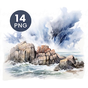 May include: A watercolour painting of a rugged coastline with crashing waves and a stormy sky. The image includes a dark blue circle with the text "14 PNG". The rocks are grey and brown, and the water is a mix of blue and white.