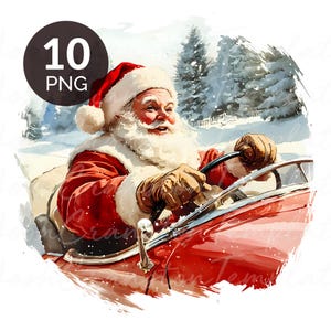 Santa Claus Driving Car Art Print: Vintage Holiday Illustration (Digital Download)