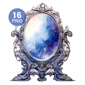 Espejos Mágicos: 16 PNG de acuarela para diarios basura, descarga digital, manualidades de papel, imágenes prediseñadas de alta calidad y decoración fantástica.