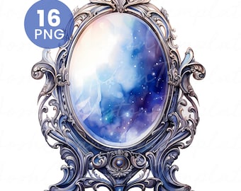 Watercolor Mirror Clipart: Fantasy Junk Journal PNGs (Digital Download