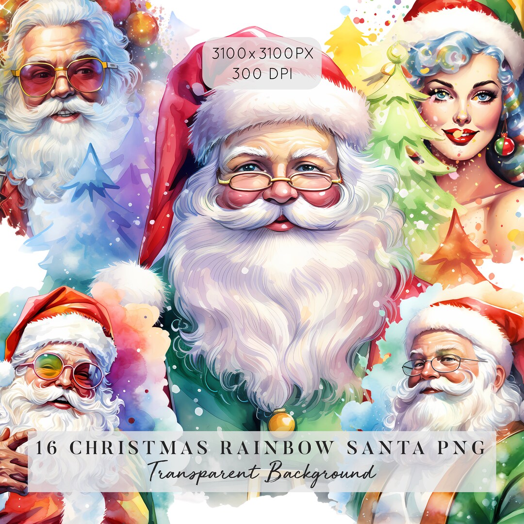 16 Christmas Rainbow Santa Clilpart Watercolor Santa With Etsy