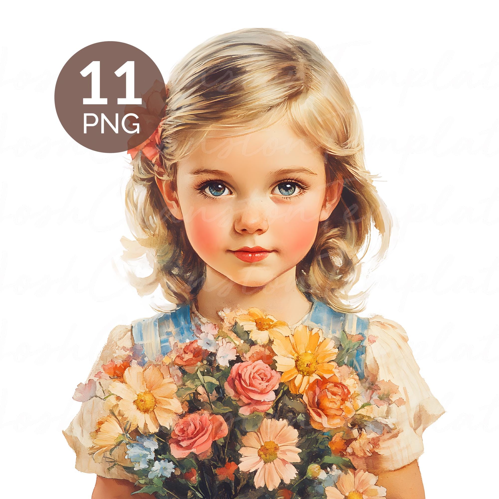 子供の肖像画 水彩画 花柄背景 ヴィンテージな小さな女の子の花柄水彩画PNGセット - Etsy 日本