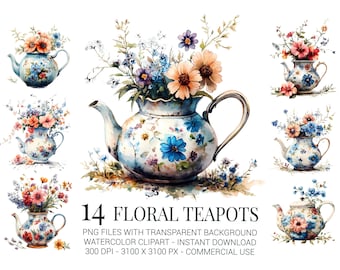 Vintage Floral Teapot Clipart: Shabby Chic Spring Illustration (Digital)