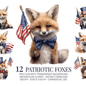 Clipart di volpi patriottiche, 12 PNG acquerellati di simpatiche volpi con bandiere e fiocchi per inviti, magliette, biglietti e adesivi del 4 luglio