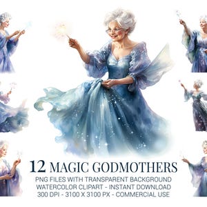 Ensemble de cliparts magique marraine - 12 fées marraines aquarelles avec baguettes PNG - art fantastique lunatique pour travaux manuels, décoration et sublimation