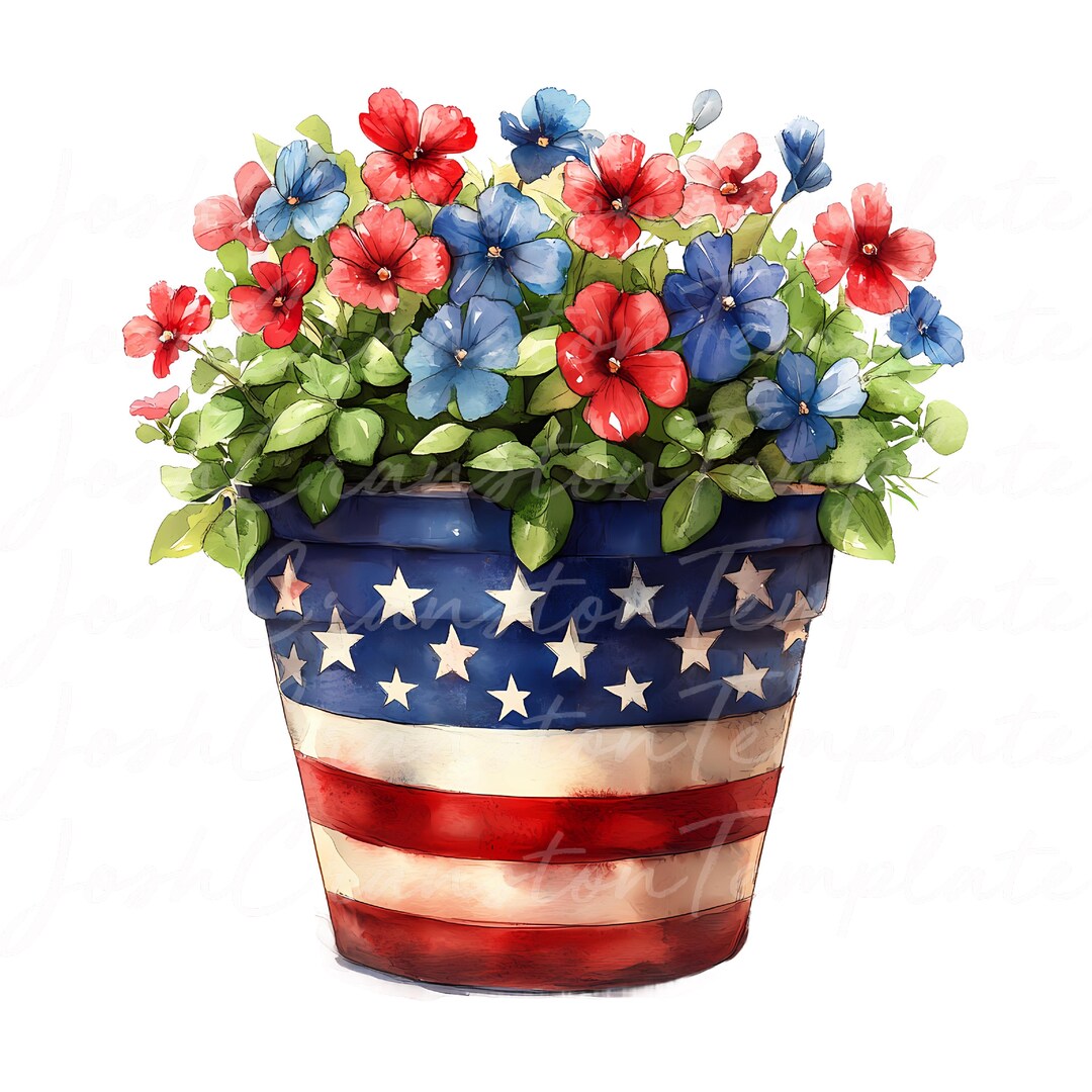 Patriotic Flower Pot Watercolor Clipart, USA Floral PNG, 4th of July ...