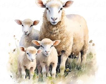 Watercolor Sheep Clipart Bundle, Rustic Farm Animals, Nursery Art (Digital Download)