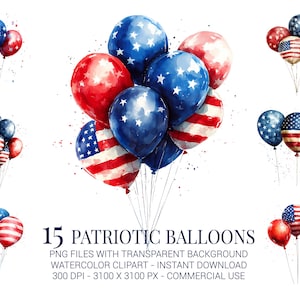 Ensemble de cliparts ballons patriotiques, 15 ballons aquarelles rouges blancs bleus PNG pour travaux manuels du 4 juillet, décoration de fête et projets de sublimation