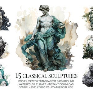 Classical Sculptures Clipart Set, 15 Watercolor PNGs of Antique Statues for Art Projects, History Crafts & Sublimation