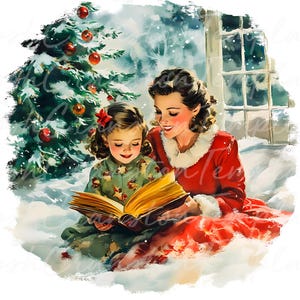 10 Vintage Christmas Art Print, Mother and Daughter Reading, Watercolor Digital Download, Cozy Winter Scene, Holiday Home Decor