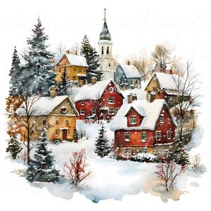 12 Christmas village digital download, winter town wall art, snowy holiday decor, printable cottage scene, festive house illustration