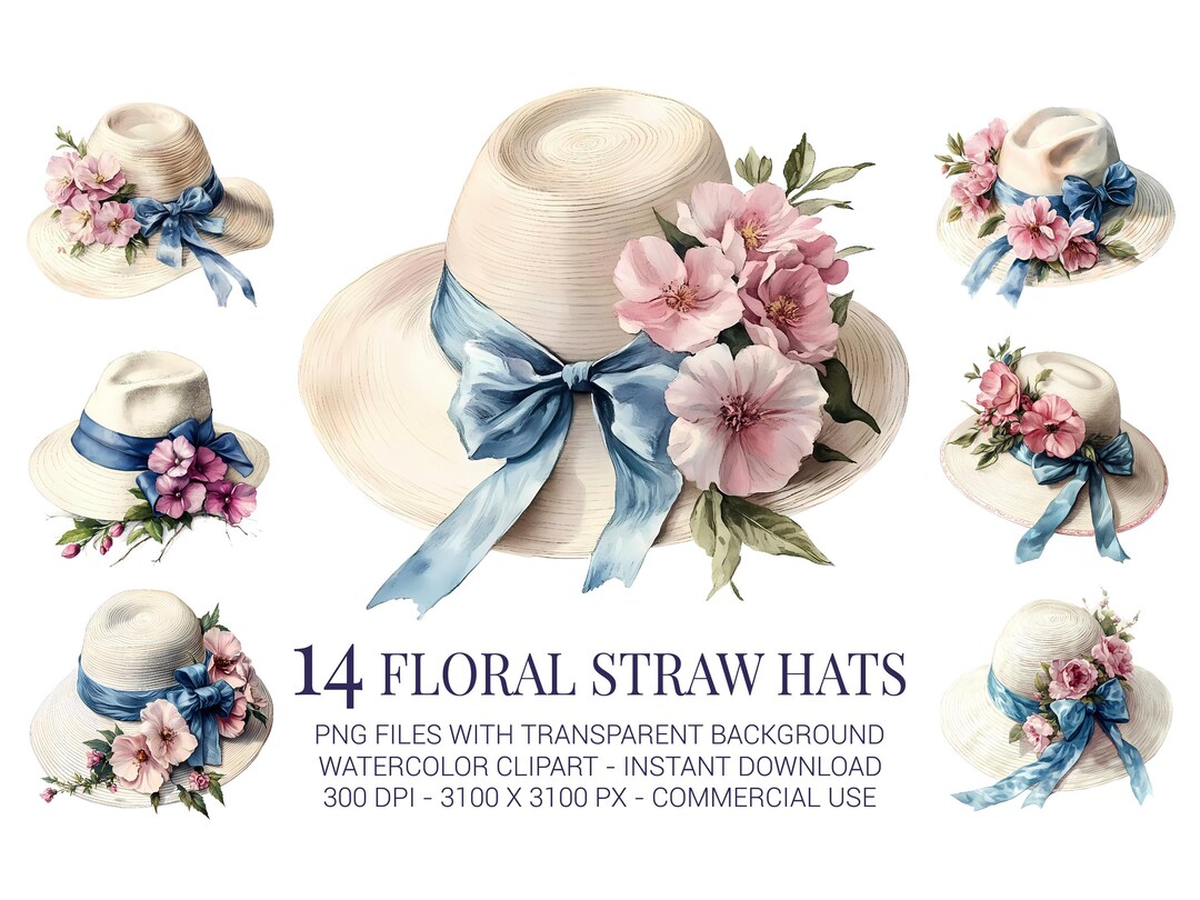 Floral Straw Hats Clipart – 14 Watercolor Vintage Hats With