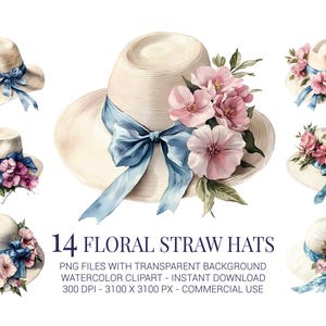 Clipart di cappelli di paglia floreali - 14 cappelli vintage acquerellati con fiori e nastri PNG per inviti, biglietti e decorazioni estive