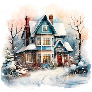 22 Vintage Winter House Print, Snowy Christmas Cottage Art, Festive Holiday Home Decor, Winter Wonderland Wall Art, Digital Download