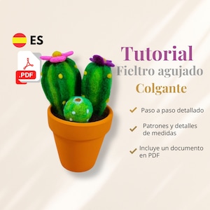 May include: A PDF tutorial in Spanish for making a felt cactus hanging ornament. The tutorial includes step-by-step instructions, patterns, and measurements.