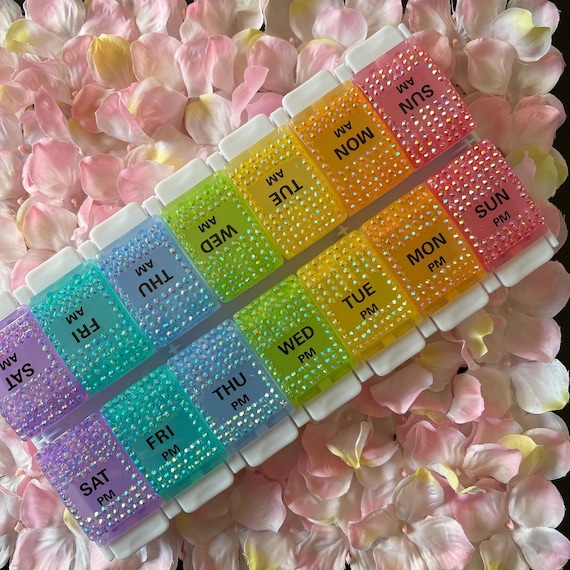 Blinged Weekly Pill Organizer: Rhinestone Bedazzled AM PM Pill Box