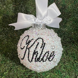 Personalized blinged and bedazzled pearl and crystal luxury CHRISTMAS ornaments  size LARGE gifts