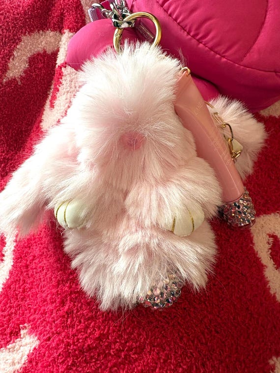 Pink Bunny Bag Charm With Rhinestones and Bedazzled Laneige