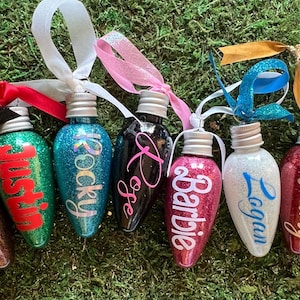 Personalized  Glitter Lightbulb Christmas Ornaments ,Name Ornaments ,Gift tags, Christmas Gifts, Kids Ornaments,  Personalized Ornaments.