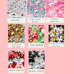 Puede incluir: Una colecci&oacute;n de mezclas de perlas en varios colores, incluyendo blanco, rosa y azul, rosa y blanco, oro y plata, rojo y verde, oro, plata y negro, rojo y blanco, y negro y blanco. El texto "PEARL MIX" est&aacute; en la parte superior.