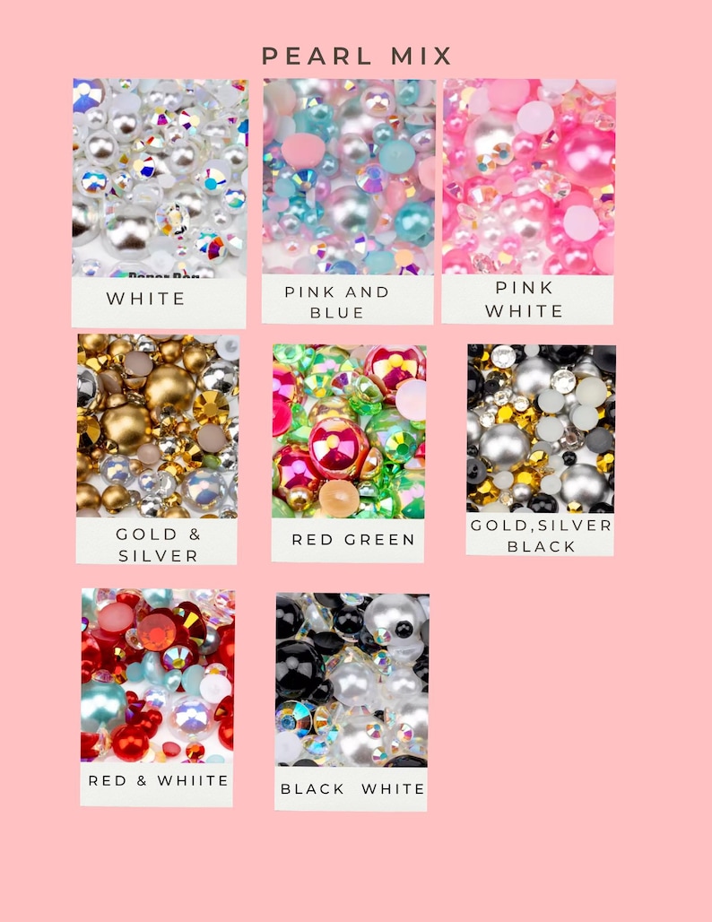 Puede incluir: Una colecci&oacute;n de mezclas de perlas en varios colores, incluyendo blanco, rosa y azul, rosa y blanco, oro y plata, rojo y verde, oro, plata y negro, rojo y blanco, y negro y blanco. El texto "PEARL MIX" est&aacute; en la parte superior.