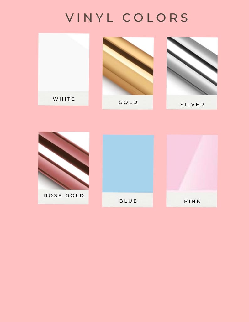 Puede incluir: La imagen muestra seis opciones de color de vinilo: blanco, dorado, plateado, oro rosa, azul y rosa. Cada color se presenta en una muestra rectangular con el nombre del color debajo. El fondo es rosa claro.