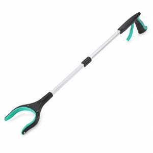 May include: A reacher grabber tool featuring a long silver metal shaft, a black and teal ergonomic handle with a trigger mechanism, and a matching black and teal claw at the end designed for picking up objects with a secure grip.