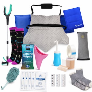 May include: A post-surgery recovery kit including a gray textured pillow with straps, blue gel ice packs, black compression socks with heart rate patterns, rinse-free bathing wipes, a pink female urinal, a peri bottle, medical tape, gauze, a loofah, and gray fuzzy socks.