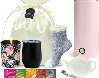 Tea Gift Basket for Women with Portable Kettle and Grippie Socks | Birthday Gift Set for Her, Mom, Wife, Co-Worker, Teacher