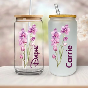 Personalized Iced Coffee Cup Floral Retro, Custom Can Glass with Lid and Straw, Bridesmaid Gift, Bachelorette Glass Cup, Bridesmaid Proposal