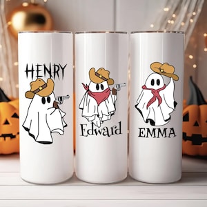 Custom Cowboy Ghost Tumbler – Personalized Western Boo Cup, 20oz Skinny Halloween Tumbler, Cute Spooky Fall Gift, Ghost Drinkware for Her