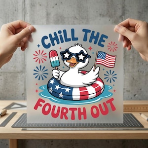 May include: A graphic featuring a white duck wearing star-shaped sunglasses and a red, white, and blue inner tube. The duck holds a popsicle and an American flag. Text reads "Chill the Fourth Out" with fireworks.