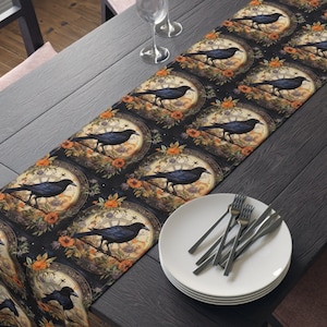 Black Crow Decorated Table Runner, Witch Ephemera Design, Ideal for Halloween Decor, Great Witchy Gift
