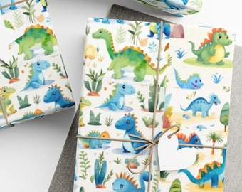 Watercolor Dinosaur Wrapping Paper, Kids Birthday Gift Wrap