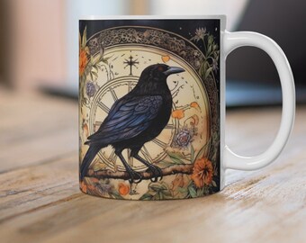 Mystical Crow Coffee Mug: Witchcraft Art, Spooky Gift