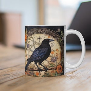 Mystical Crow Coffee Mug, Detailed Tree Branch Artwork, For Witchcraft Enthusiasts, Spooky Birthday Present